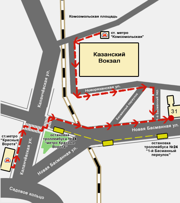 Схема пути пешком от метро Красные Ворота до отеля На Басманной